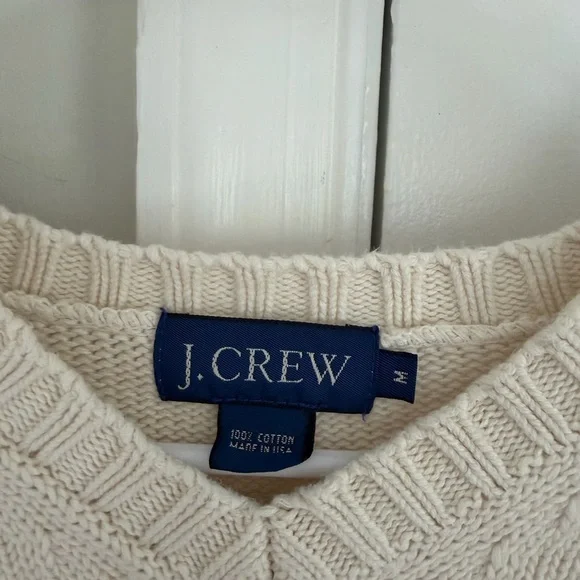 VTG J. Crew Men's Knit Sweater M 100% Cotton White Stripe V Neck USA Made Preppy